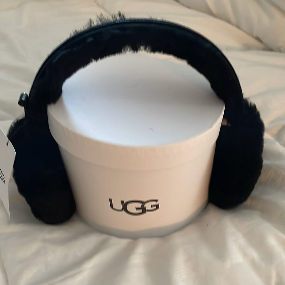 NEW! UGG Black Furry and Suede Earmuffs